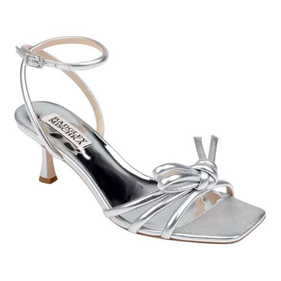 Badgley Mischka Loyalty Silver Knotted Ankle Strap Neutral Sandals Size 6.5 - Picture 1 of 9